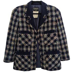 CHANEL Vintage Navy Pastel Check Tweed Jacket Spring 1993P Women FR42 VERY RARE